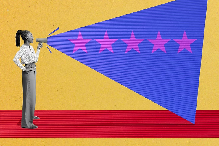 A woman standing confidently with a megaphone, projecting a purple star graphic against a yellow background.